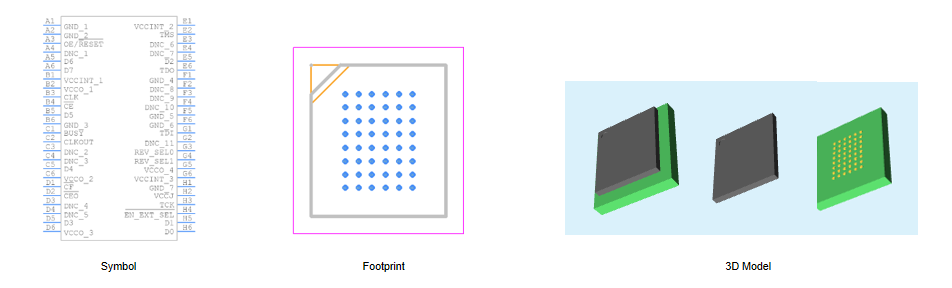 Symbol, footprint and 3D model of XCF32PFSG48C