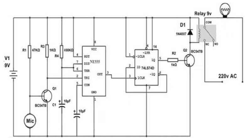 Clap Switch Using 74LS74 D Flip Flop Circuit