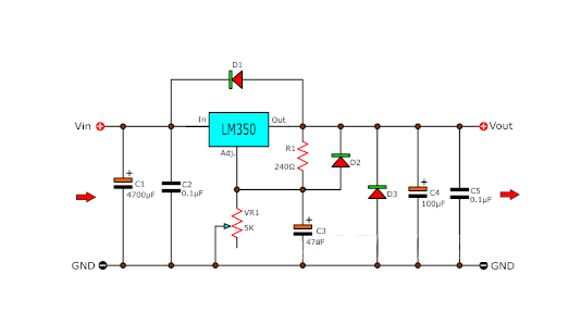 LM350 Regulator using Protection Diodes
